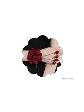 Vintage Red Rose Slave Bracelet Hand Chain Lace Crystal Tassel Charm